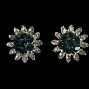 Lisner Clip Earrings Blue Rhinestone Flower